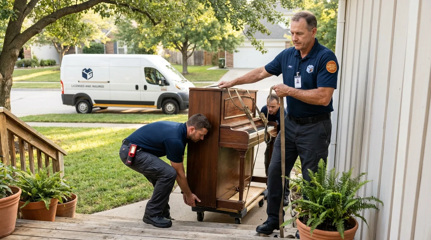 Licensed piano movers securing grand piano in Derry, NH