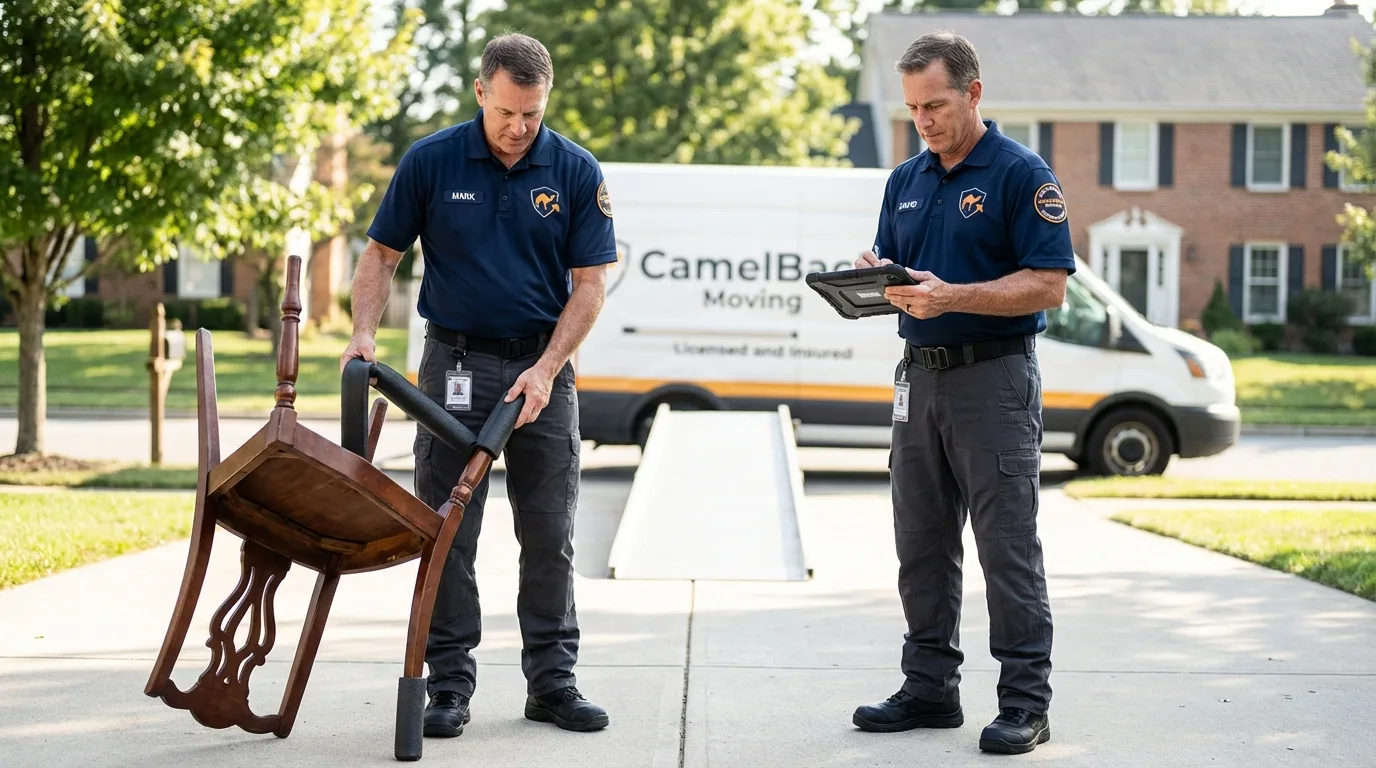 Movers inspecting furniture for damage prevention before loading in Derry, NH